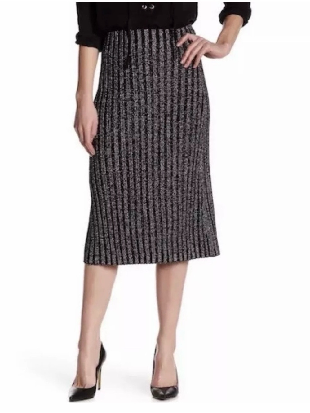 NWT cinq a sept Black and Gray Ribbed Pencil Midi Skirt XS